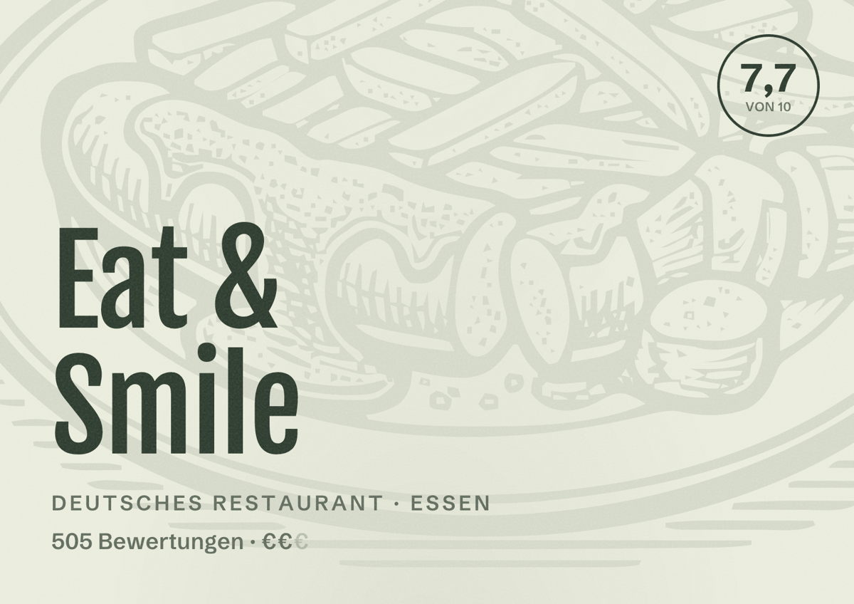 Illustriertes Poster von Eat & Smile, Deutsches Restaurant in Essen: Bewertung 7,7 von 10 aus 505 Bewertungen, Preisniveau €€