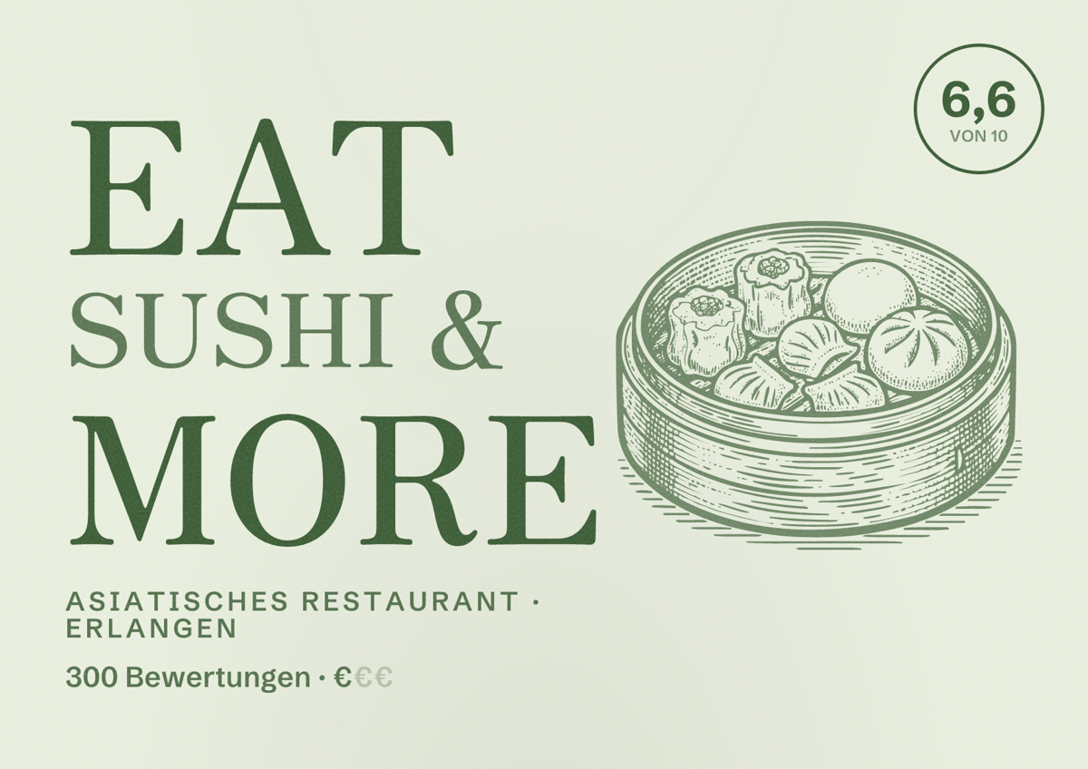 Illustriertes Poster von Eat Sushi & More, Asiatisches Restaurant in Erlangen: Bewertung 6,6 von 10 aus 300 Bewertungen, Preisniveau €