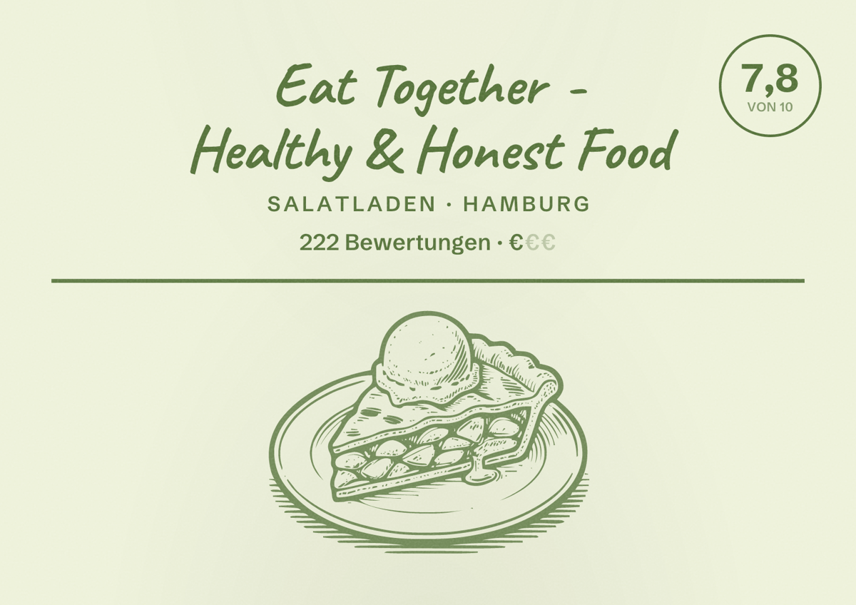 Illustriertes Poster von Eat Together - Healthy & Honest Food, Salatladen in Hamburg: Bewertung 7,8 von 10 aus 222 Bewertungen, Preisniveau €