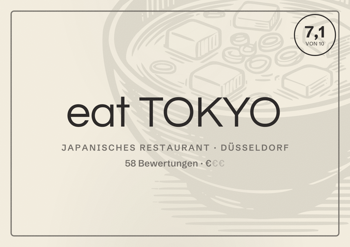 Illustriertes Poster von eat TOKYO, Japanisches Restaurant in Düsseldorf: Bewertung 7,1 von 10 aus 58 Bewertungen, Preisniveau €