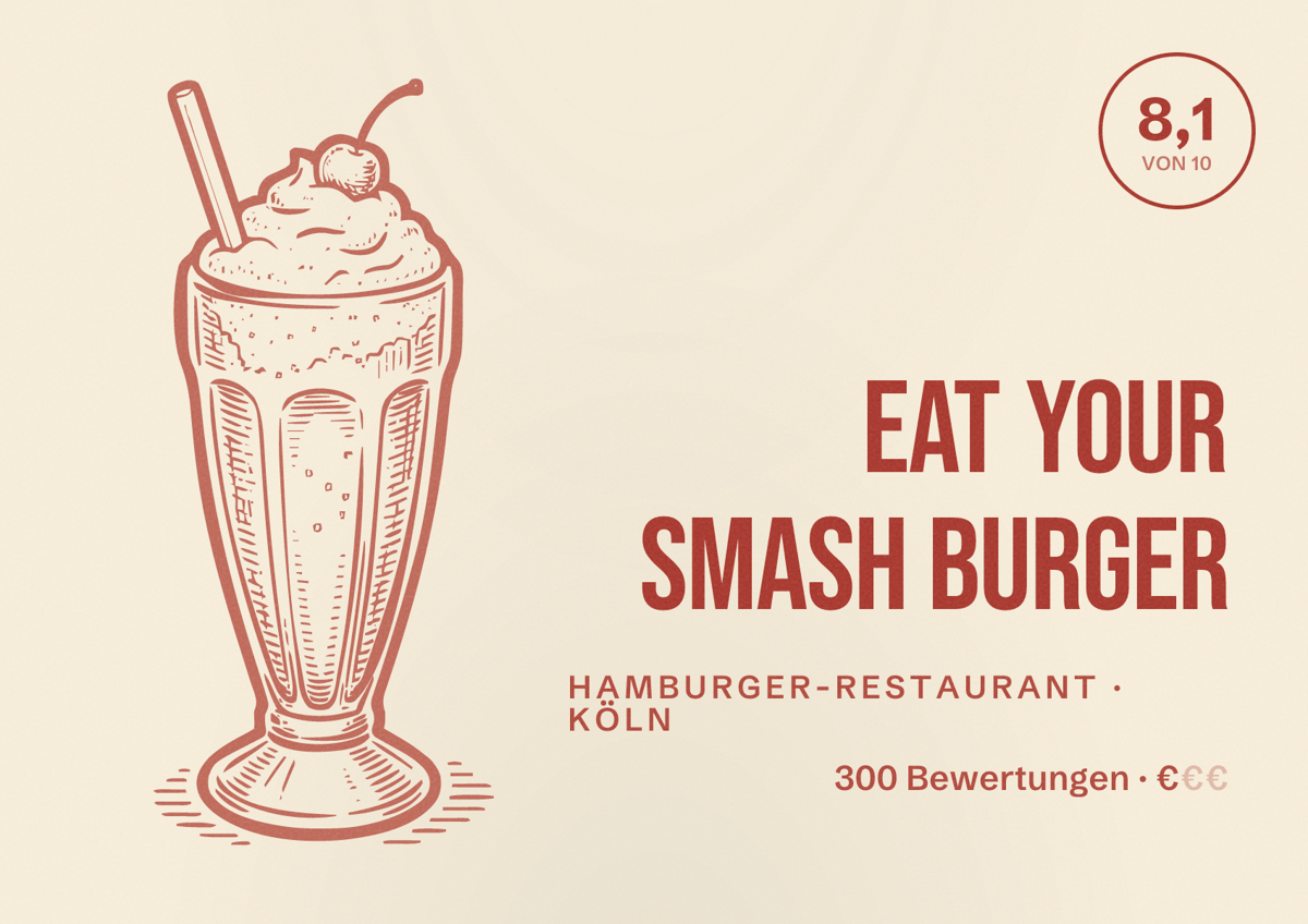 Illustriertes Poster von Eat Your Smash Burger, Hamburger-Restaurant in Köln: Bewertung 8,1 von 10 aus 300 Bewertungen, Preisniveau €