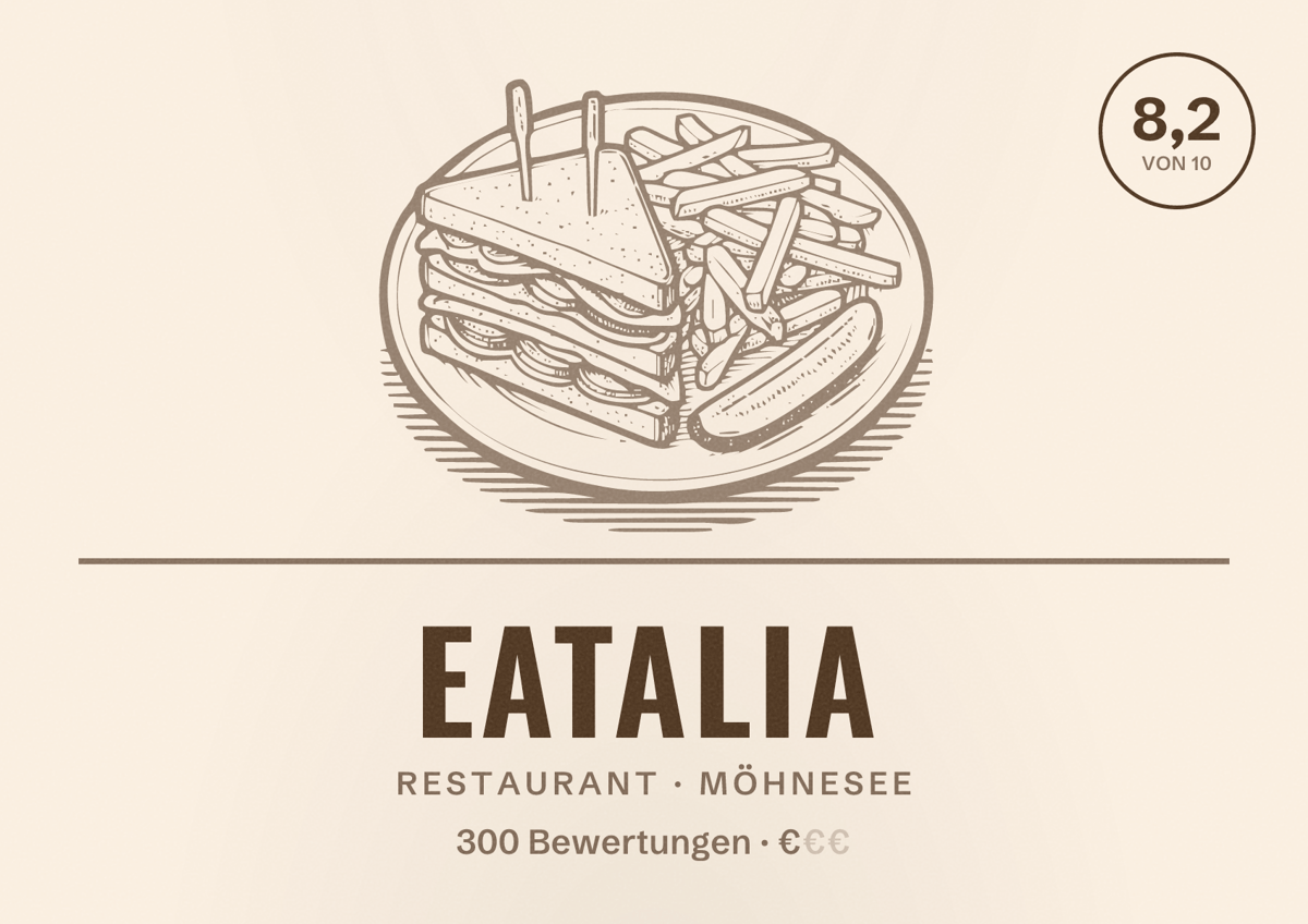 Illustriertes Poster von Eatalia, Restaurant in Möhnesee: Bewertung 8,2 von 10 aus 300 Bewertungen, Preisniveau €
