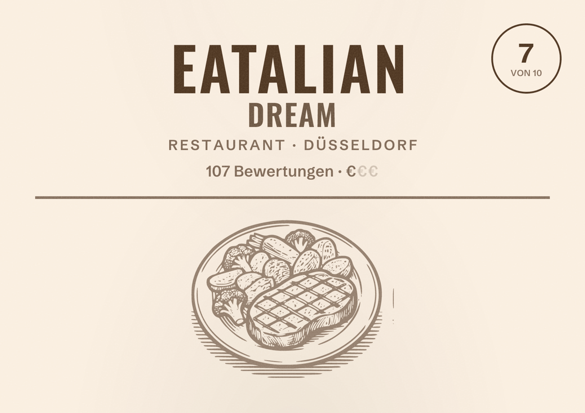 Illustriertes Poster von Eatalian Dream, Restaurant in Düsseldorf: Bewertung 7,0 von 10 aus 107 Bewertungen, Preisniveau €