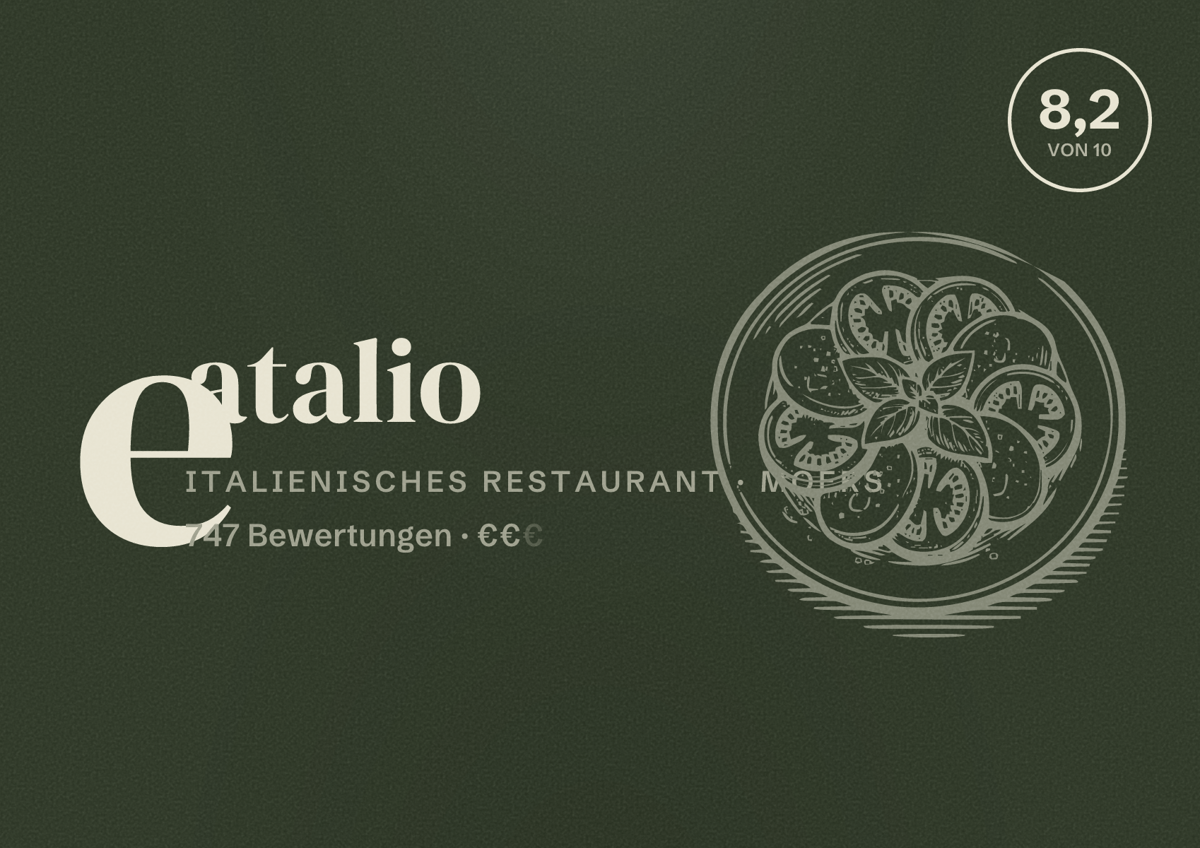 Illustriertes Poster von eatalio, Italienisches Restaurant in Moers: Bewertung 8,2 von 10 aus 747 Bewertungen, Preisniveau €€