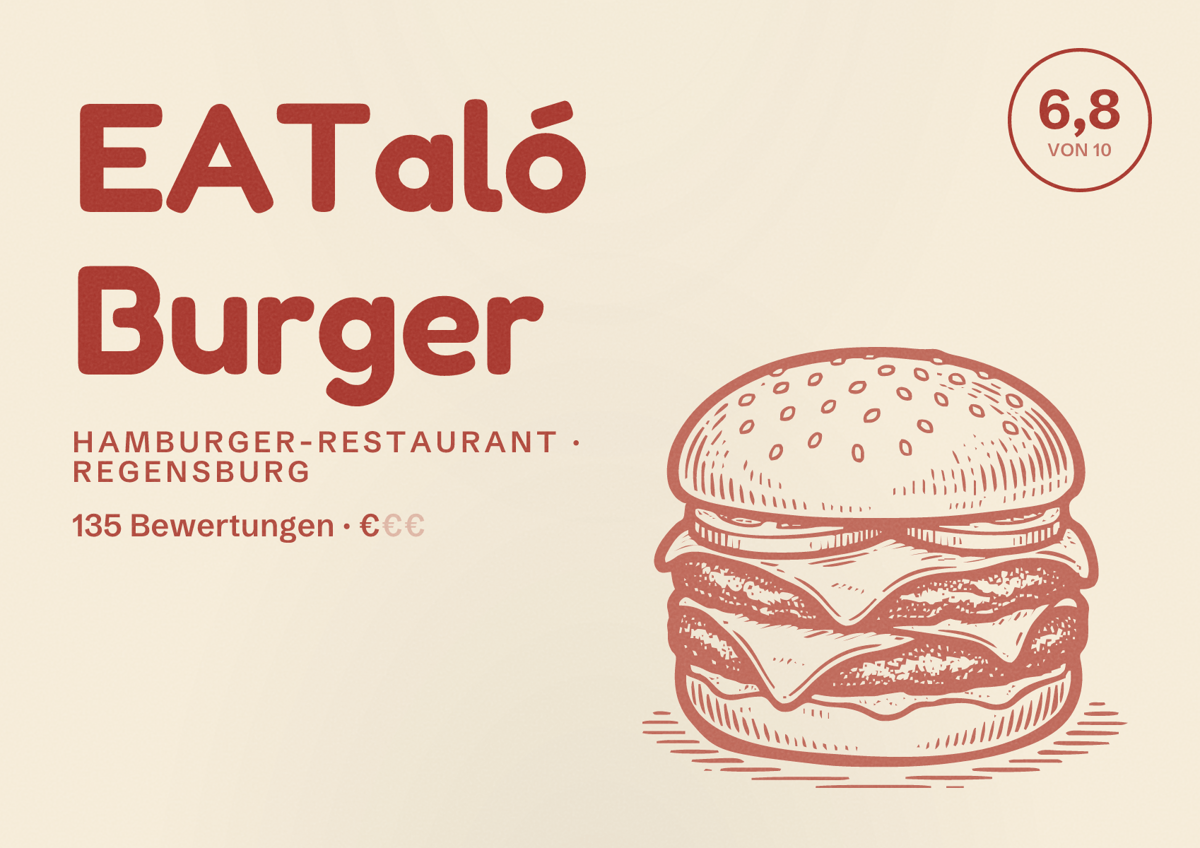 Illustriertes Poster von EATaló Burger, Hamburger-Restaurant in Regensburg: Bewertung 6,8 von 10 aus 135 Bewertungen, Preisniveau €
