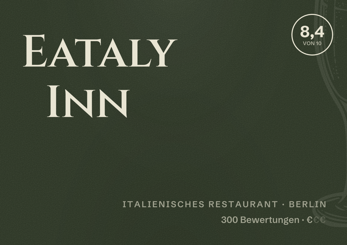 Illustriertes Poster von Eataly Inn, Italienisches Restaurant in Berlin: Bewertung 8,4 von 10 aus 300 Bewertungen, Preisniveau €
