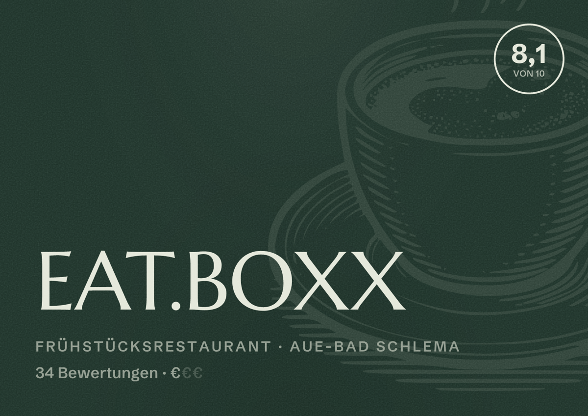 Illustriertes Poster von EAT.BOXX, Frühstücksrestaurant in Aue-Bad Schlema: Bewertung 8,1 von 10 aus 34 Bewertungen, Preisniveau €