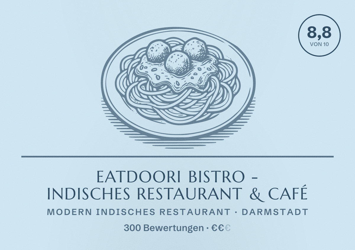 Illustriertes Poster von eatDOORI Bistro - Indisches Restaurant & Café, Modern indisches Restaurant in Darmstadt: Bewertung 8,8 von 10 aus 300 Bewertungen, Preisniveau €€