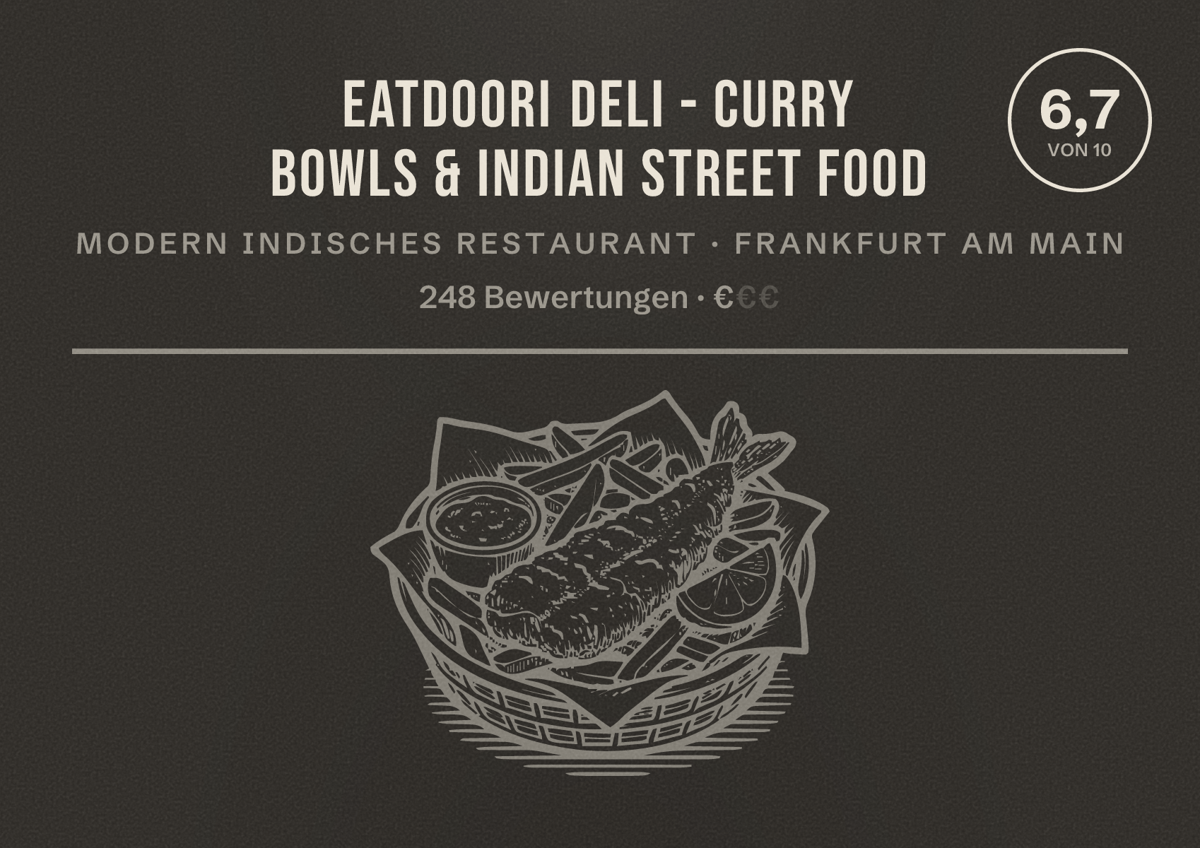 Illustriertes Poster von eatDOORI Deli - Curry Bowls & Indian Street Food, Modern indisches Restaurant in Frankfurt am Main: Bewertung 6,7 von 10 aus 248 Bewertungen, Preisniveau €