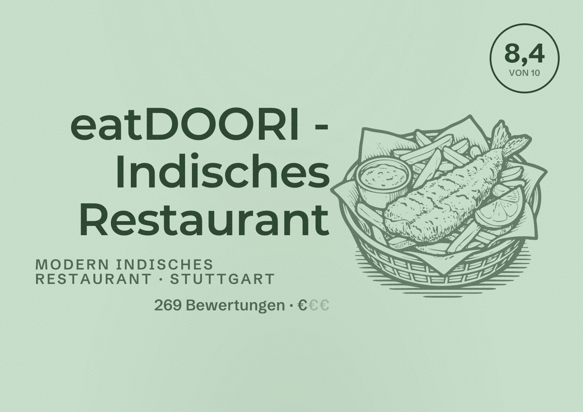 Illustriertes Poster von eatDOORI - Indisches Restaurant, Modern indisches Restaurant in Stuttgart: Bewertung 8,4 von 10 aus 269 Bewertungen, Preisniveau €