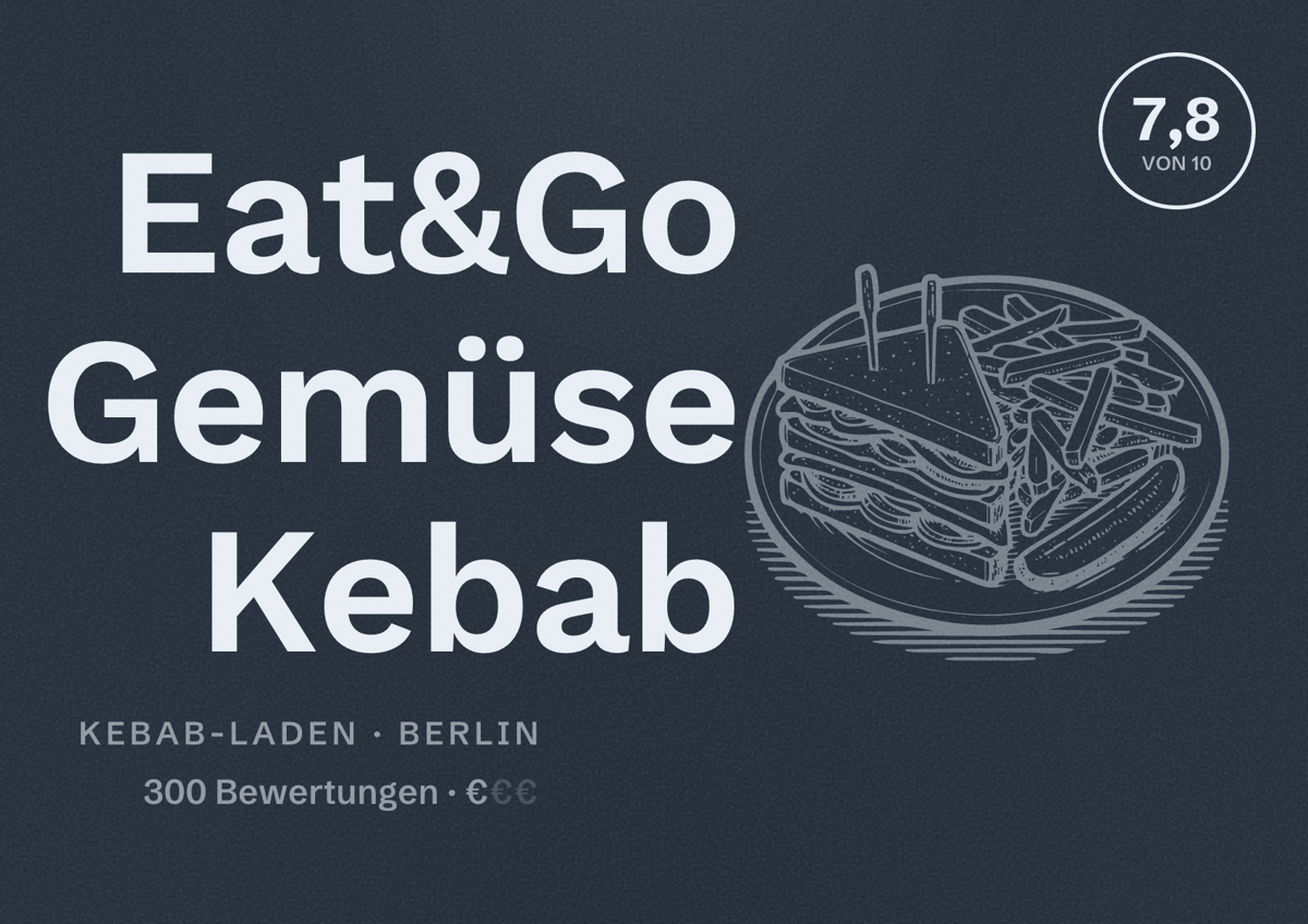 Illustriertes Poster von Eat&Go Gemüse Kebab, Kebab-Laden in Berlin: Bewertung 7,8 von 10 aus 300 Bewertungen, Preisniveau €