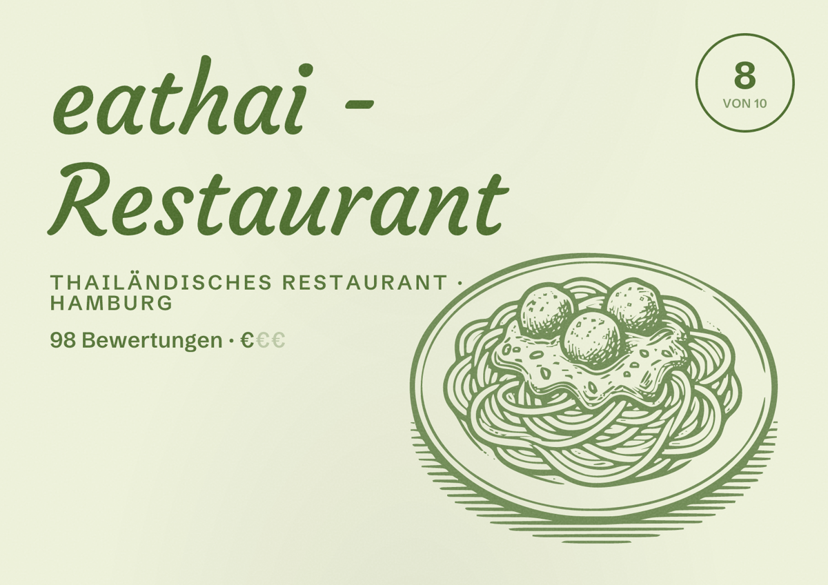 Illustriertes Poster von eathai - Restaurant, Thailändisches Restaurant in Hamburg: Bewertung 8,0 von 10 aus 98 Bewertungen, Preisniveau €