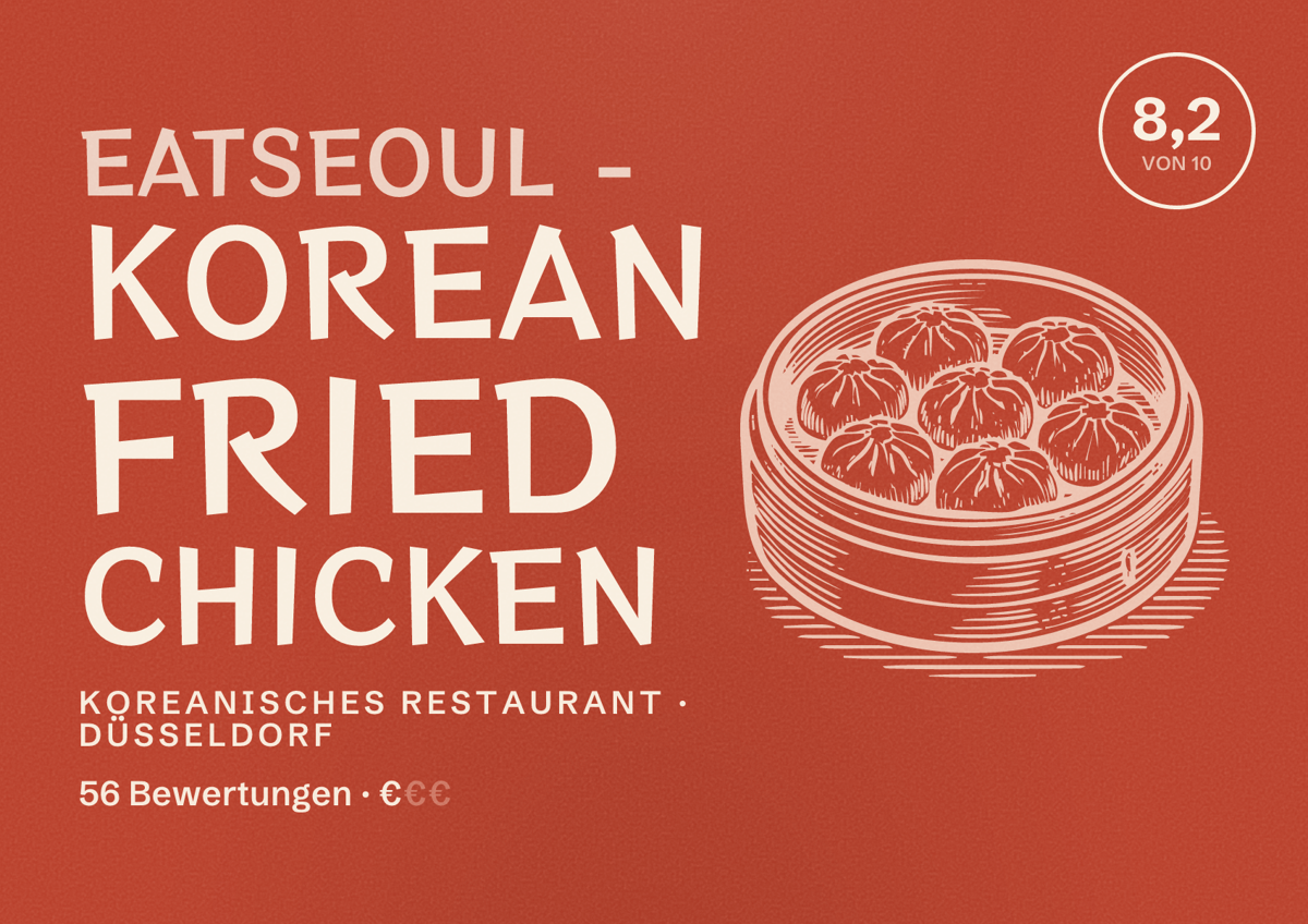 Illustriertes Poster von eatSEOUL - Korean Fried Chicken, Koreanisches Restaurant in Düsseldorf: Bewertung 8,2 von 10 aus 56 Bewertungen, Preisniveau €