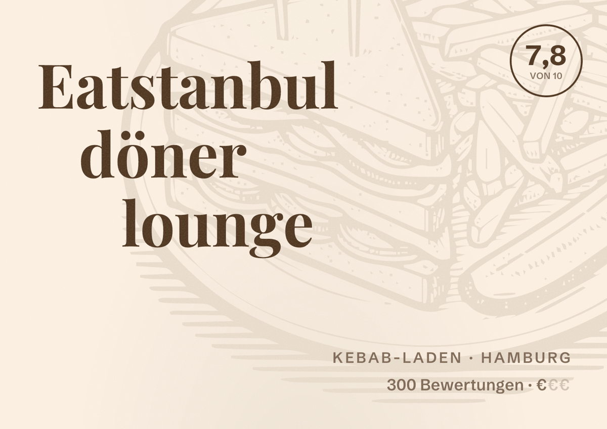 Illustriertes Poster von Eatstanbul döner lounge, Kebab-Laden in Hamburg: Bewertung 7,8 von 10 aus 300 Bewertungen, Preisniveau €