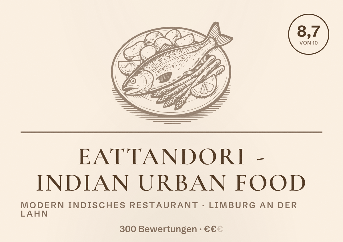 Illustriertes Poster von EatTandori - Indian Urban Food, Modern indisches Restaurant in Limburg an der Lahn: Bewertung 8,7 von 10 aus 300 Bewertungen, Preisniveau €€