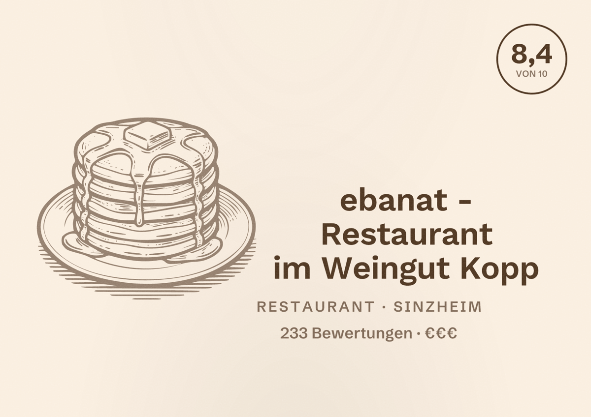 Illustriertes Poster von ebanat - Restaurant im Weingut Kopp, Restaurant in Sinzheim: Bewertung 8,4 von 10 aus 233 Bewertungen, Preisniveau €€€