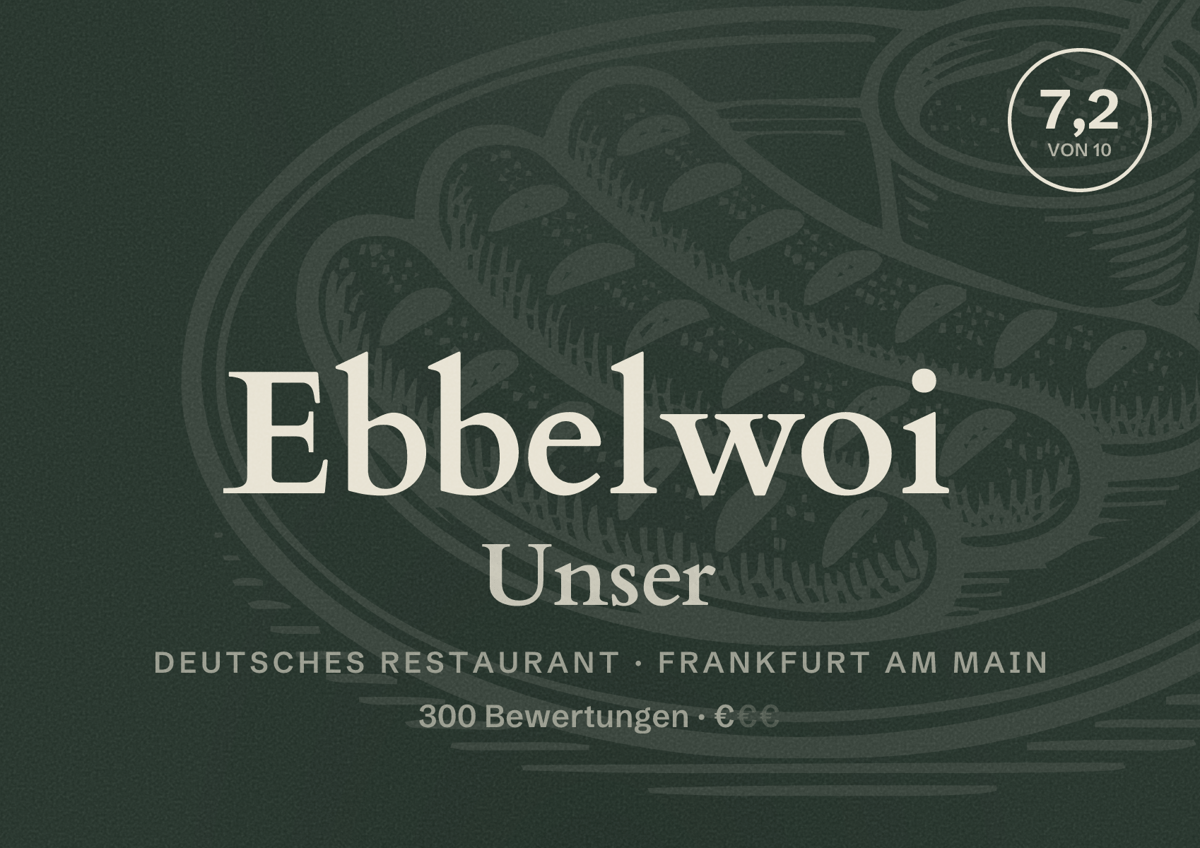 Illustriertes Poster von Ebbelwoi Unser, Deutsches Restaurant in Frankfurt am Main: Bewertung 7,2 von 10 aus 300 Bewertungen, Preisniveau €