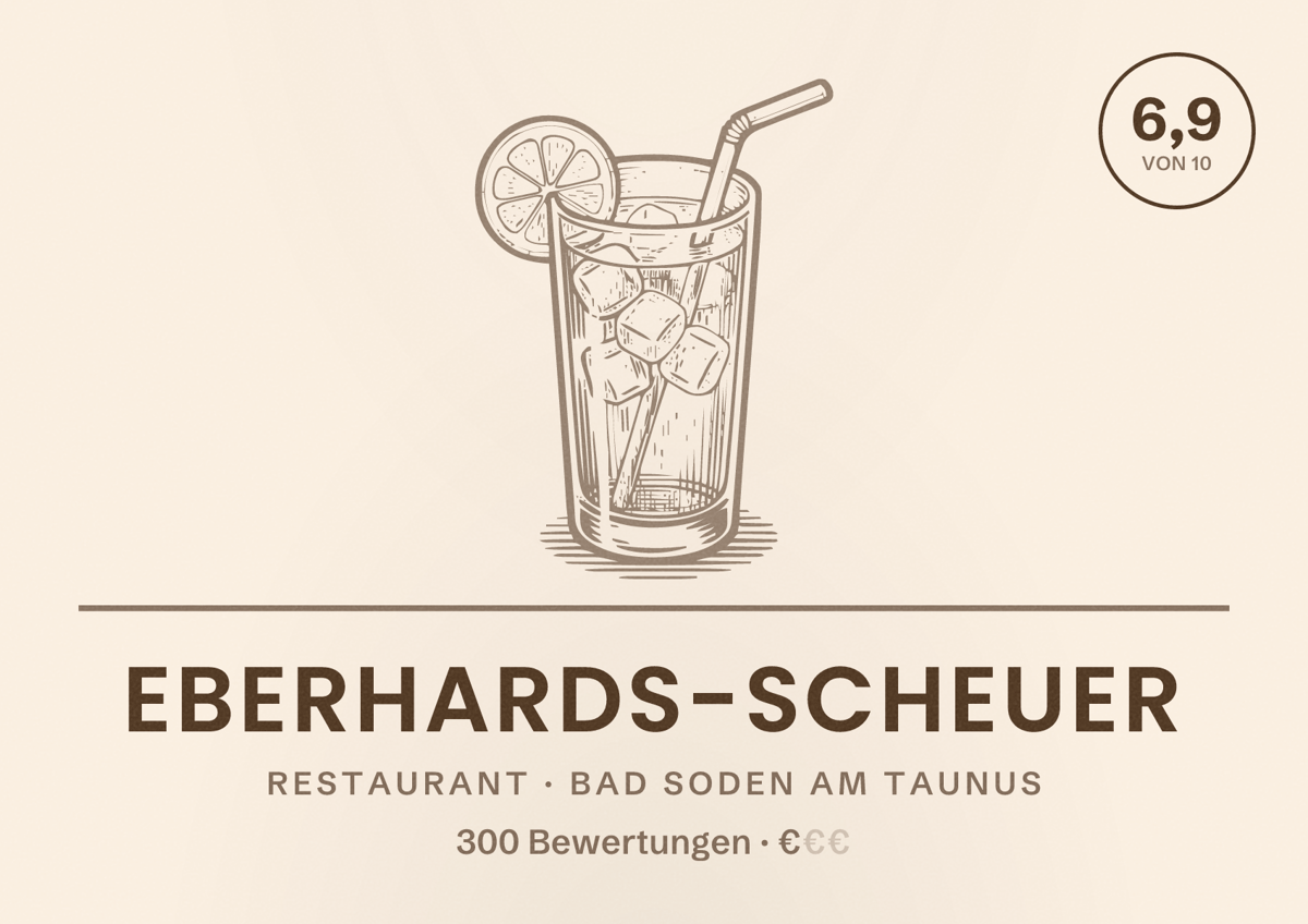 Illustriertes Poster von Eberhards-Scheuer, Restaurant in Bad Soden am Taunus: Bewertung 6,9 von 10 aus 300 Bewertungen, Preisniveau €