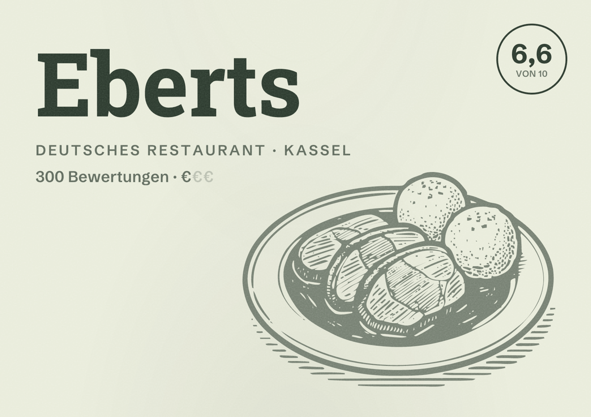 Illustriertes Poster von Eberts, Deutsches Restaurant in Kassel: Bewertung 6,6 von 10 aus 300 Bewertungen, Preisniveau €