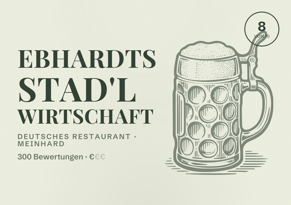 Illustriertes Poster von Ebhardts Stad'l Wirtschaft, Deutsches Restaurant in Meinhard: Bewertung 8 von 10 aus 300 Bewertungen, Preisniveau €