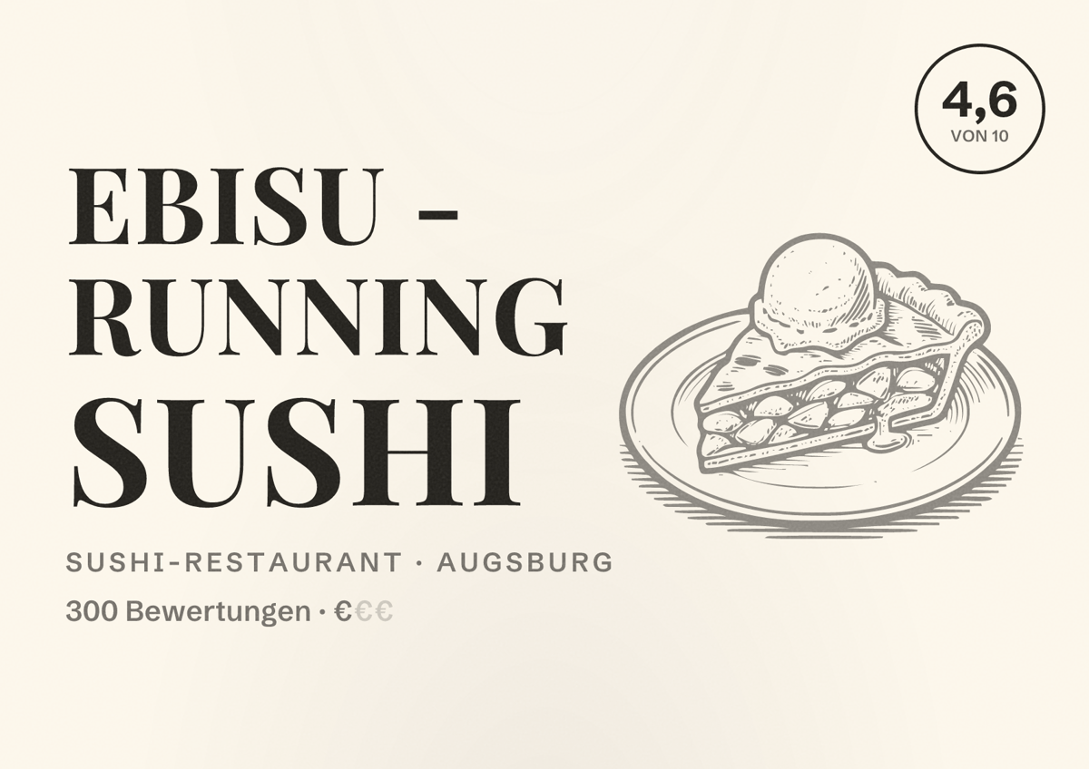 Illustriertes Poster von Ebisu - Running Sushi, Sushi-Restaurant in Augsburg: Bewertung 4,6 von 10 aus 300 Bewertungen, Preisniveau €