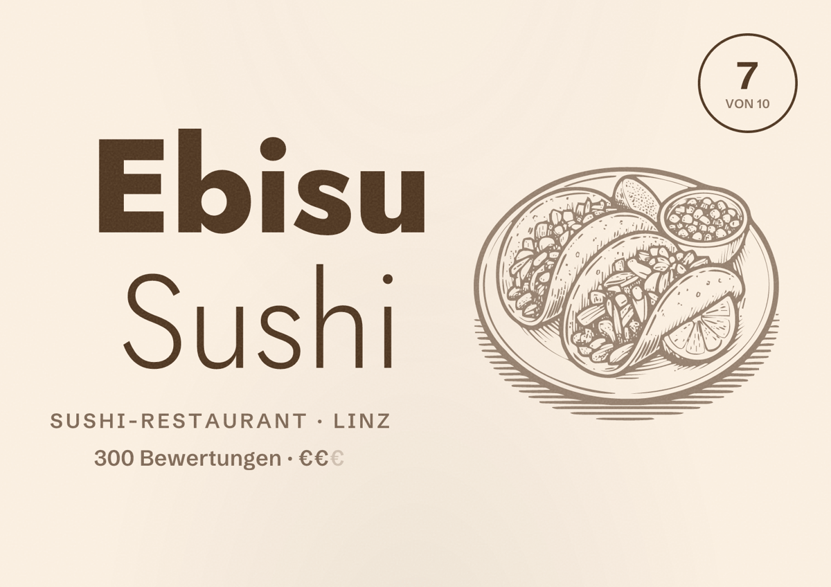 Illustriertes Poster von Ebisu Sushi, Sushi-Restaurant in Linz: Bewertung 7 von 10 aus 300 Bewertungen, Preisniveau €€