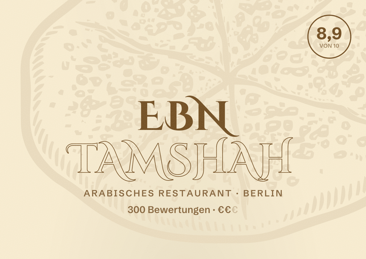 Illustriertes Poster von Ebn Tamshah, Arabisches Restaurant in Berlin: Bewertung 8,9 von 10 aus 300 Bewertungen, Preisniveau €€