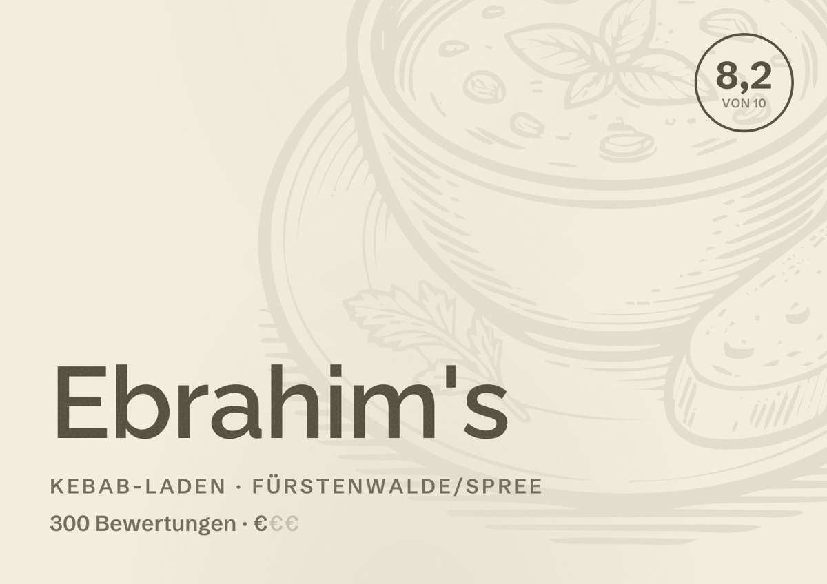 Illustriertes Poster von Ebrahim's, Kebab-Laden in Fürstenwalde/Spree: Bewertung 8,2 von 10 aus 300 Bewertungen, Preisniveau €