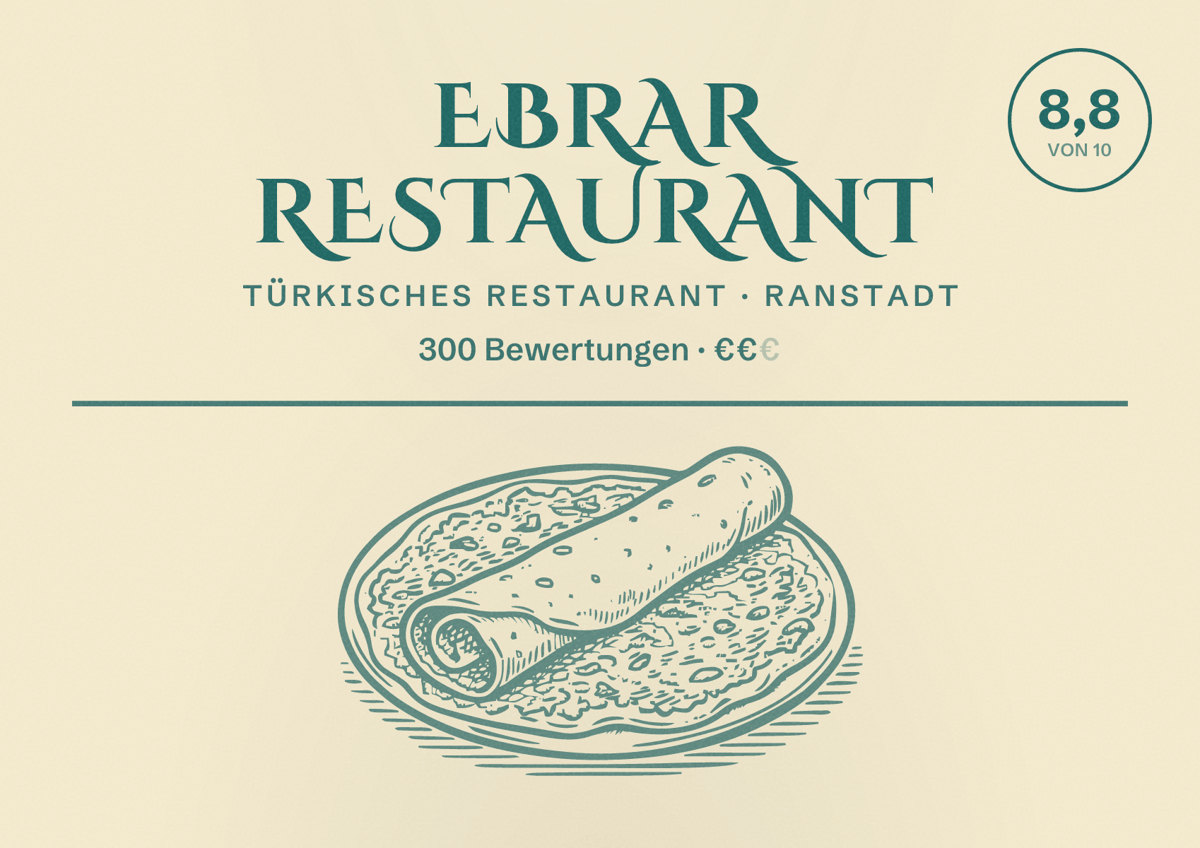 Illustriertes Poster von Ebrar Restaurant, Türkisches Restaurant in Ranstadt: Bewertung 8,8 von 10 aus 300 Bewertungen, Preisniveau €€