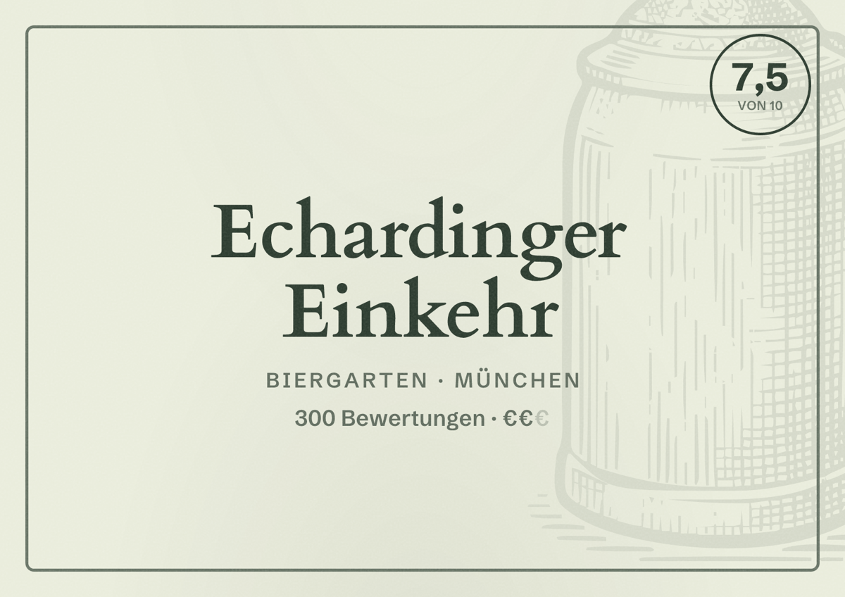 Illustriertes Poster von Echardinger Einkehr, Biergarten in München: Bewertung 7,5 von 10 aus 300 Bewertungen, Preisniveau €€