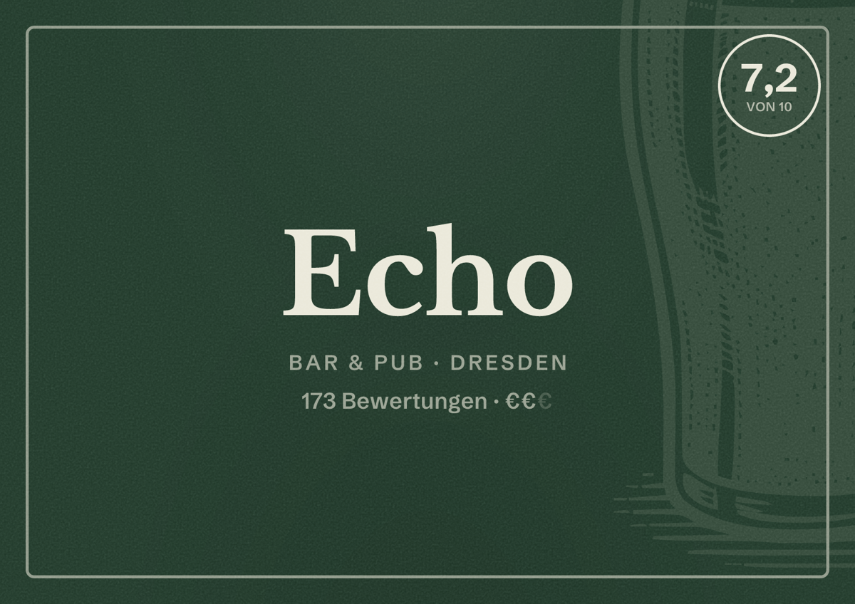 Illustriertes Poster von Echo, Bar & Pub in Dresden: Bewertung 7,2 von 10 aus 173 Bewertungen, Preisniveau €€