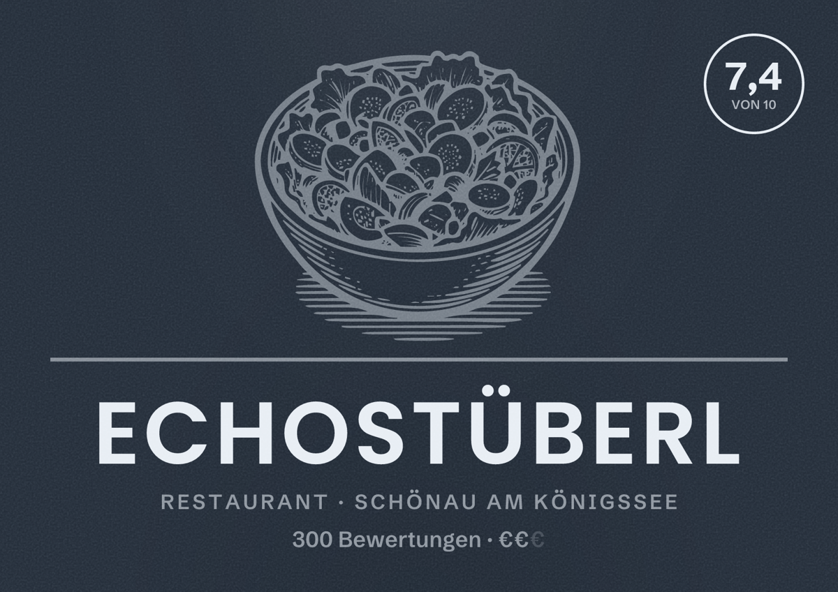 Illustriertes Poster von Echostüberl, Restaurant in Schönau am Königssee: Bewertung 7,4 von 10 aus 300 Bewertungen, Preisniveau €€