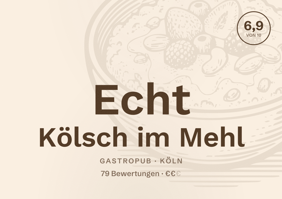Illustriertes Poster von Echt Kölsch im Mehl, Gastropub in Köln: Bewertung 6,9 von 10 aus 79 Bewertungen, Preisniveau €€