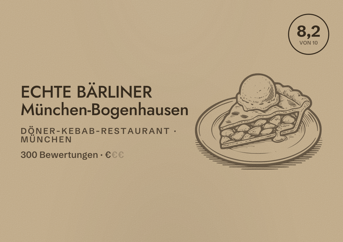 Illustriertes Poster von ECHTE BÄRLINER München-Bogenhausen, Döner-Kebab-Restaurant in München: Bewertung 8,2 von 10 aus 300 Bewertungen, Preisniveau €