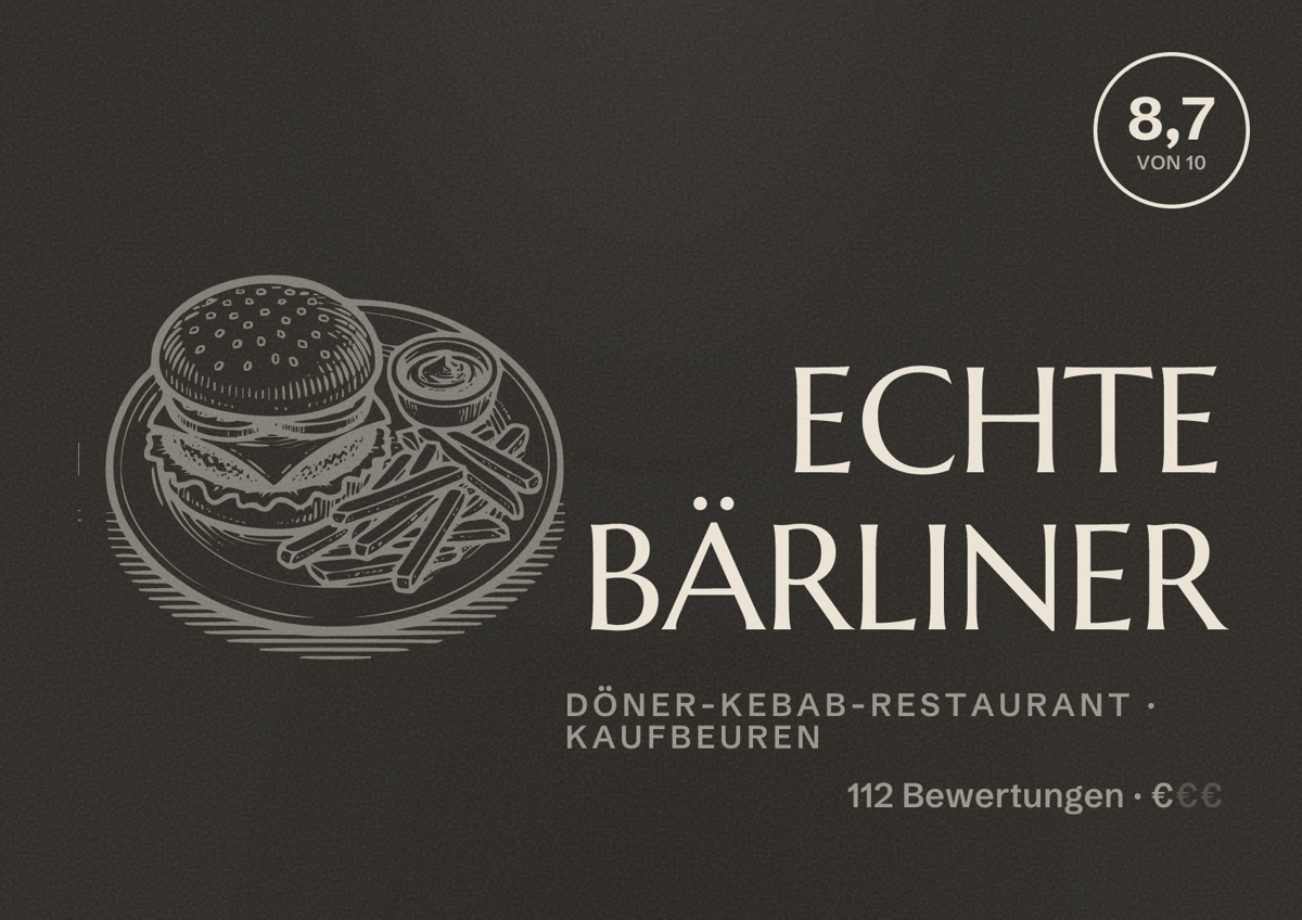 Illustriertes Poster von ECHTE BÄRLINER, Döner-Kebab-Restaurant in Kaufbeuren: Bewertung 8,7 von 10 aus 112 Bewertungen, Preisniveau €