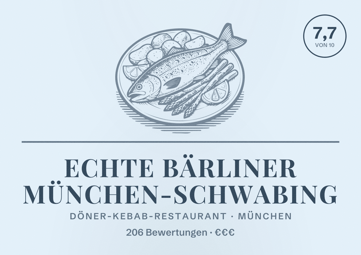Illustriertes Poster von ECHTE BÄRLINER München-Schwabing, Döner-Kebab-Restaurant in München: Bewertung 7,7 von 10 aus 206 Bewertungen, Preisniveau €€€