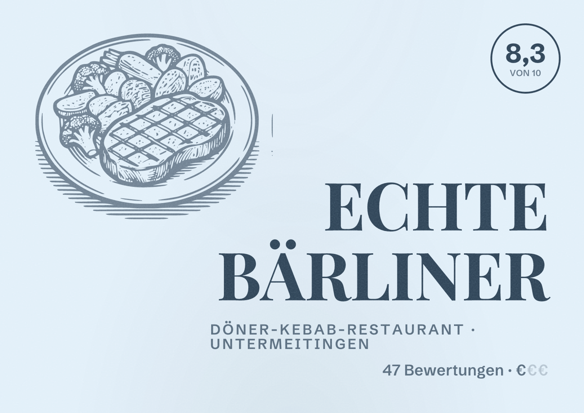 Illustriertes Poster von ECHTE BÄRLINER, Döner-Kebab-Restaurant in Untermeitingen: Bewertung 8,3 von 10 aus 47 Bewertungen, Preisniveau €