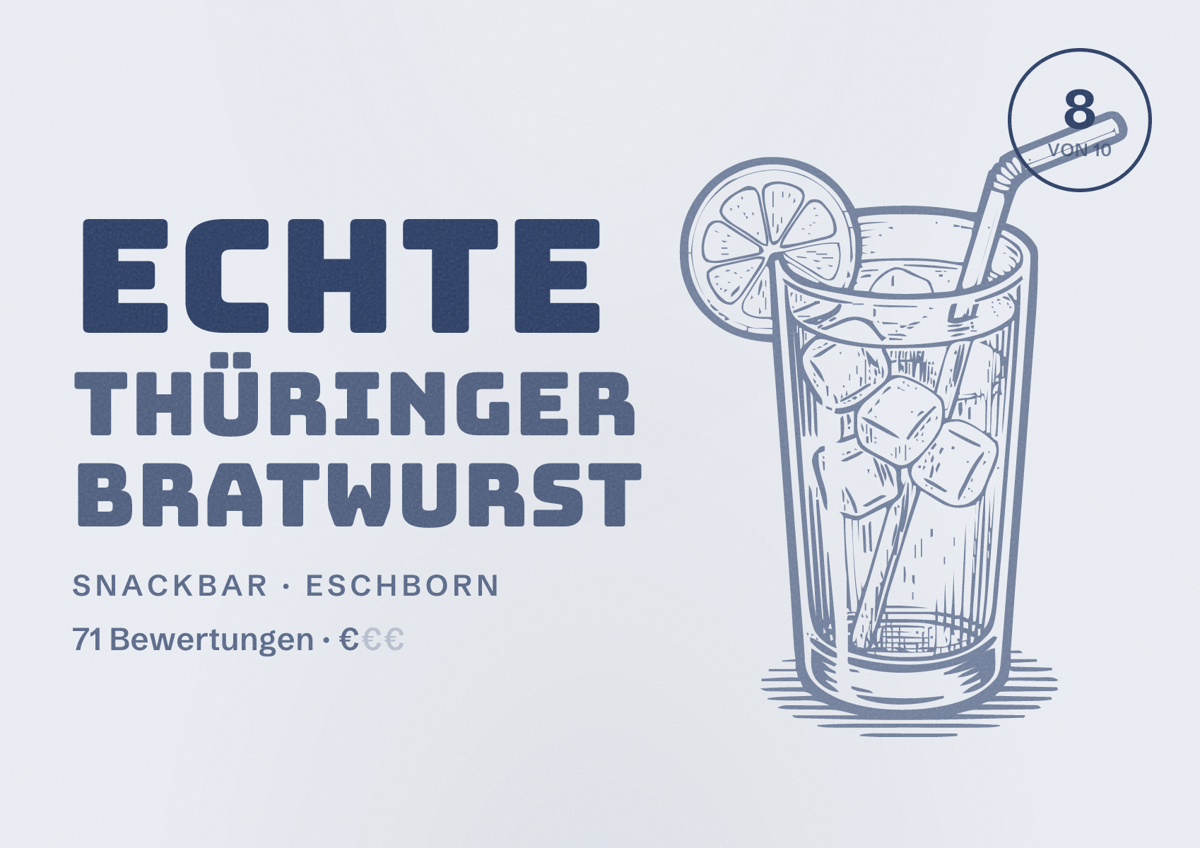 Illustriertes Poster von Echte Thüringer Bratwurst, Snackbar in Eschborn: Bewertung 8 von 10 aus 71 Bewertungen, Preisniveau €