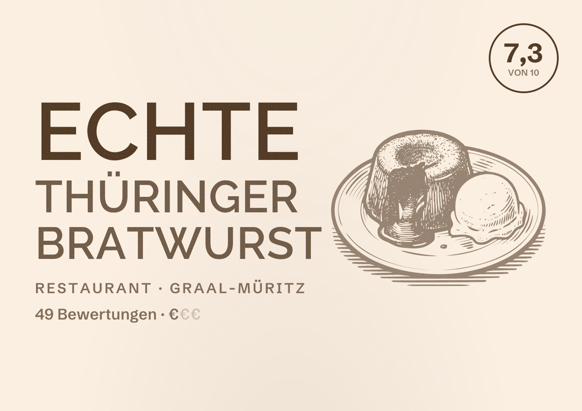 Illustriertes Poster von Echte Thüringer Bratwurst, Restaurant in Graal-Müritz: Bewertung 7,3 von 10 aus 49 Bewertungen, Preisniveau €