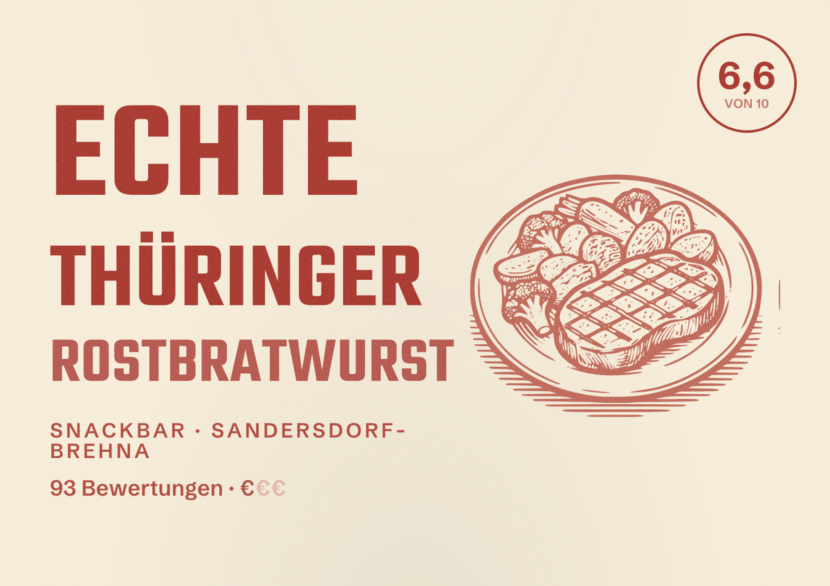 Illustriertes Poster von Echte Thüringer Rostbratwurst, Snackbar in Sandersdorf-Brehna: Bewertung 6,6 von 10 aus 93 Bewertungen, Preisniveau €