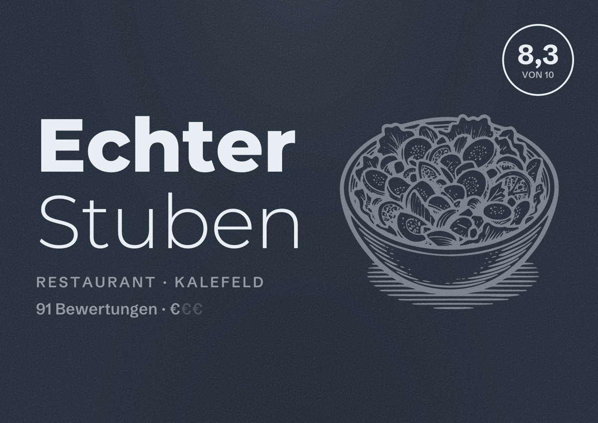 Illustriertes Poster von Echter Stuben, Restaurant in Kalefeld: Bewertung 8,3 von 10 aus 91 Bewertungen, Preisniveau €