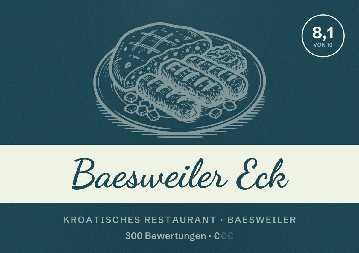 Illustriertes Poster von Baesweiler Eck, Kroatisches Restaurant in Baesweiler: Bewertung 8,1 von 10 aus 300 Bewertungen, Preisniveau €