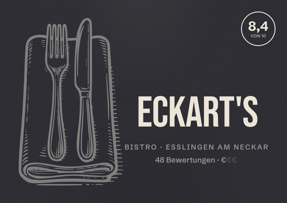 Illustriertes Poster von Eckart's, Bistro in Esslingen am Neckar: Bewertung 8,4 von 10 aus 48 Bewertungen, Preisniveau €
