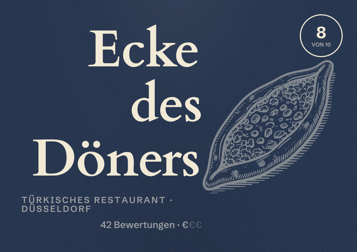 Illustriertes Poster von Ecke des Döners, Türkisches Restaurant in Düsseldorf: Bewertung 8,0 von 10 aus 42 Bewertungen, Preisniveau €