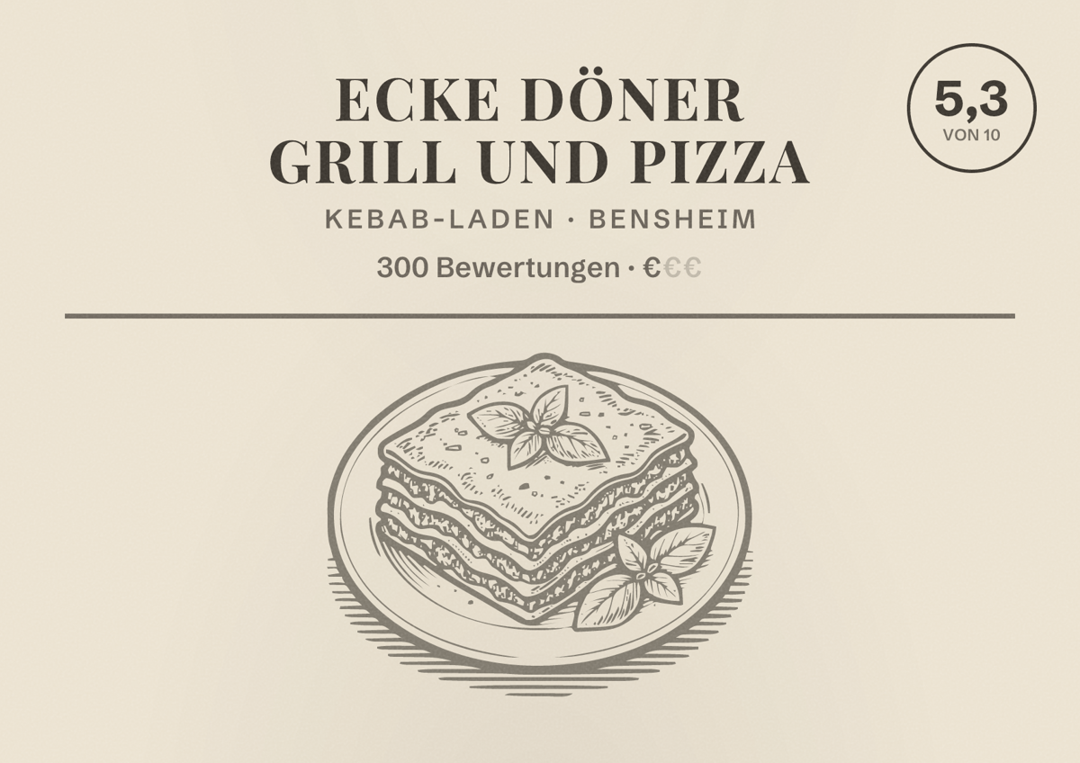 Illustriertes Poster von ECKE DÖNER GRILL UND PIZZA, Kebab-Laden in Bensheim: Bewertung 5,3 von 10 aus 300 Bewertungen, Preisniveau €