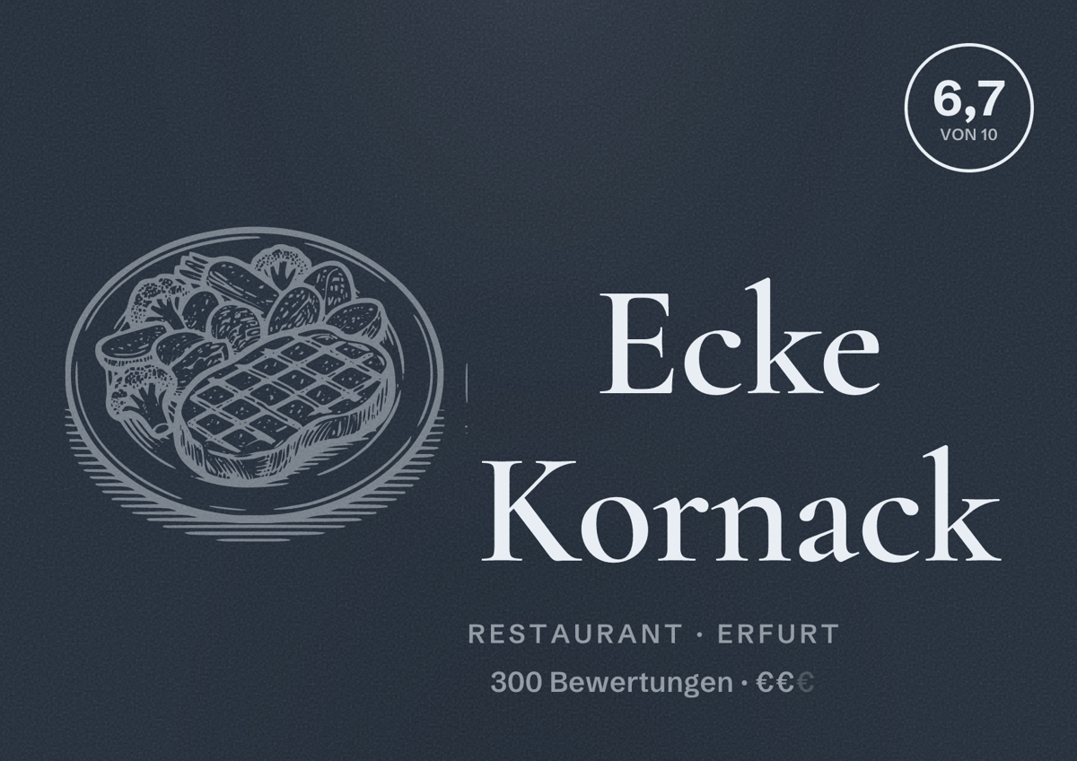 Illustriertes Poster von Ecke Kornack, Restaurant in Erfurt: Bewertung 6,7 von 10 aus 300 Bewertungen, Preisniveau €€
