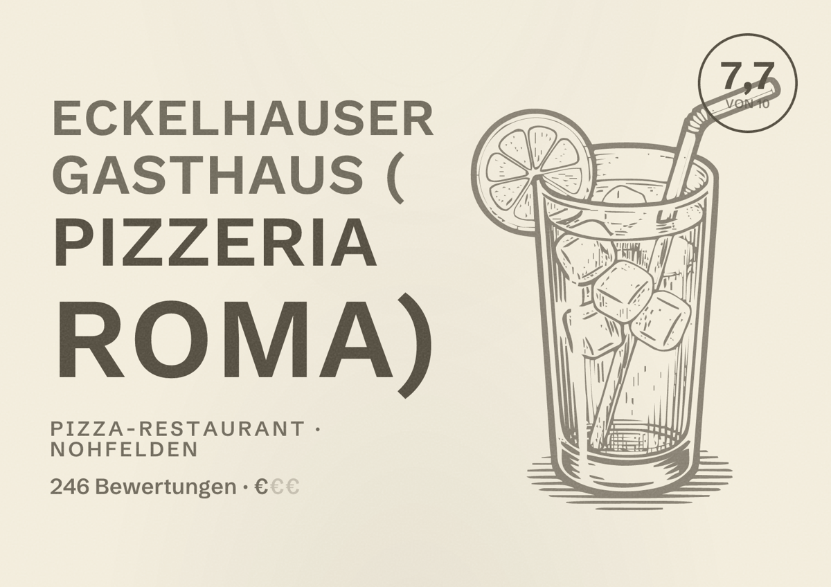 Illustriertes Poster von Eckelhauser Gasthaus ( Pizzeria Roma), Pizza-Restaurant in Nohfelden: Bewertung 7,7 von 10 aus 246 Bewertungen, Preisniveau €