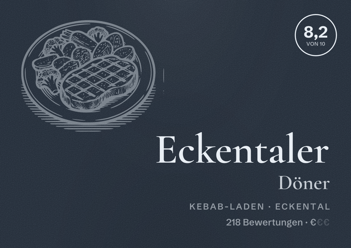 Illustriertes Poster von Eckentaler Döner, Kebab-Laden in Eckental: Bewertung 8,2 von 10 aus 218 Bewertungen, Preisniveau €