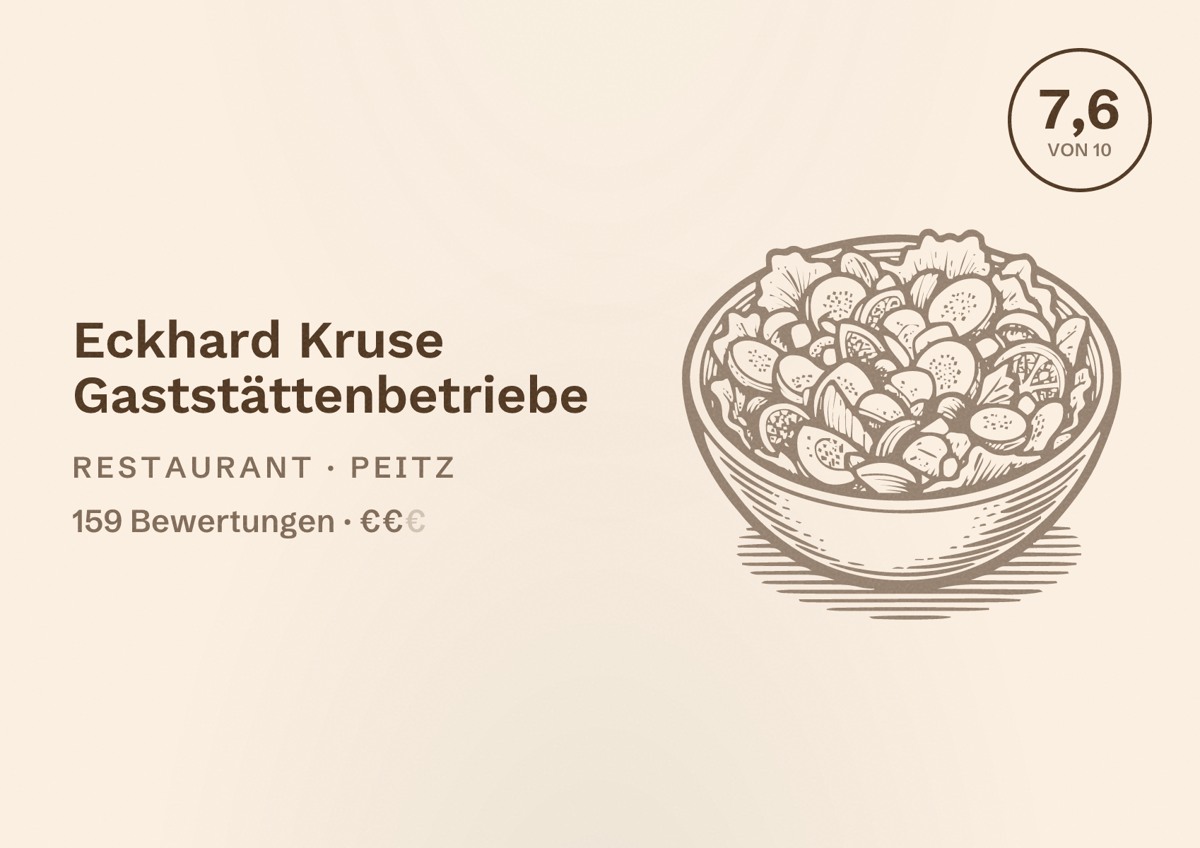 Illustriertes Poster von Eckhard Kruse Gaststättenbetriebe, Restaurant in Peitz: Bewertung 7,6 von 10 aus 159 Bewertungen, Preisniveau €€