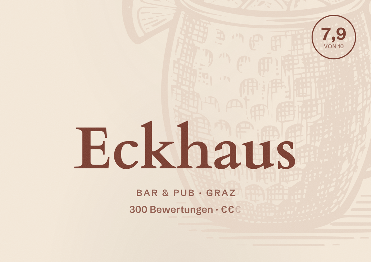 Illustriertes Poster von Eckhaus, Bar & Pub in Graz: Bewertung 7,9 von 10 aus 300 Bewertungen, Preisniveau €€